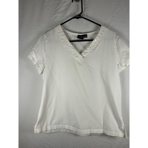 Sonoma Life + Style Tops - Sonoma Life Style Womens White Embroidered Sequin V-Neck Short Sleeve Top Large